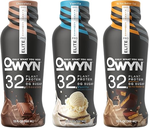 OWYN Only What You Need - OWYN Pro Elite Vegan Shake – 32g Proteína, 9 Aminoácidos, Ômega-3, Prebióticos – Treino e Recuperação – 0g Carboidratos Líquidos, Zero Açúcar (Variedade, 12 Fl)