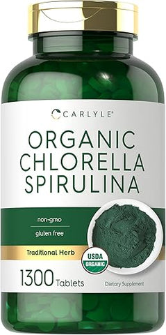 Chlorella Spirulina Orgânica em Comprimidos | 1300 Unidades | Mistura 50/50 | Livre de Transgênicos e Glúten - Carlyle