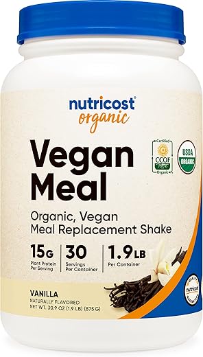 Shake em Pó Substituto de Refeição Vegano Orgânico (Baunilha) – Certificado Orgânico USDA, Vegano e Livre de Glúten - Nutricost