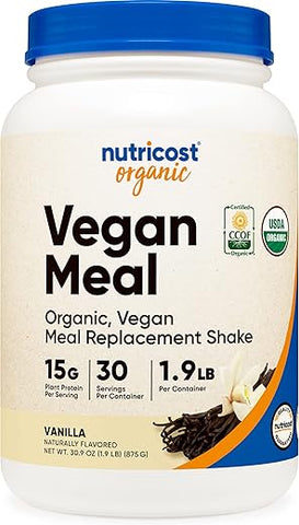 Shake em Pó Substituto de Refeição Vegano Orgânico (Baunilha) – Certificado Orgânico USDA, Vegano e Livre de Glúten - Nutricost