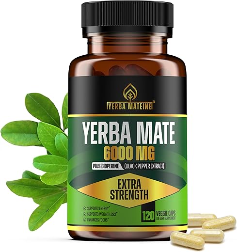 Yerba Mateine - Yerba Mate Extra Forte 6000mg Alta Potência, 60mg Cafeína por Cápsula, Suplemento de Extrato em Cápsulas para Energia Natural Limpa, Foco Melhorado, Concentração, Nootrópicos, Fabricado em