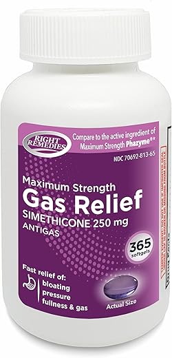 RIGHT REMEDIES - Alívio Máximo de Gases, Simeticona 250 mg, (365 Softgels), Rápido Alívio de Gases, Inchaço, Plenitude, Desconforto Doloroso, Comparado ao Ingrediente Ativo de Máxima Força Phazyme
