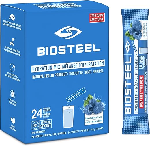 Hydration Mix Blue Raspberry – 24 Pacotes Individuais, Sem Açúcar, Com Eletrólitos Essenciais - BIOSTEEL