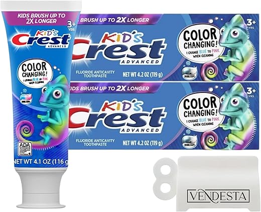 Pasta de Dente Infantil Crest Kids Color Changing: Kit com 2 Unidades Sabor Chiclete 4,2 oz (125 ml) + Espremedor de Pasta de Dente VenDesta – Divertido