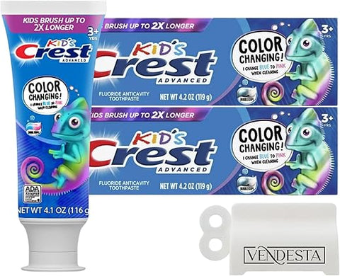 Pasta de Dente Infantil Crest Kids Color Changing: Kit com 2 Unidades Sabor Chiclete 4,2 oz (125 ml) + Espremedor de Pasta de Dente VenDesta – Divertido