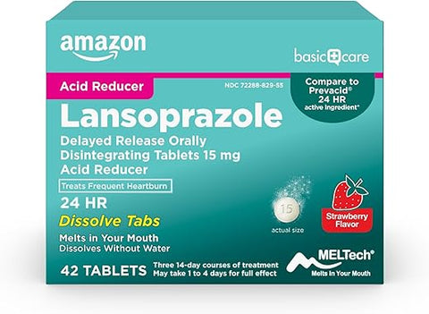 Lansoprazole 15 mg – 42 Comprimidos Orally Disintegrating de Liberação Retardada, Redutor de Ácido, Sabor Morango - Amazon Basic Care