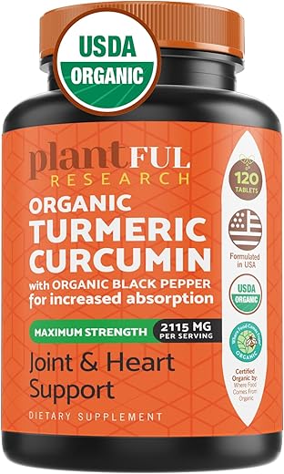 PLANTFUL RESEARCH - Suplemento Orgânico de Cúrcuma com Pimenta Preta – Potência Máxima Certificado USDA [Curcumina Orgânica Não-OGM 2115mg] Antioxidante para Articulações