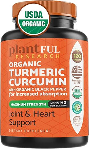 PLANTFUL RESEARCH - Suplemento Orgânico de Cúrcuma com Pimenta Preta – Potência Máxima Certificado USDA [Curcumina Orgânica Não-OGM 2115mg] Antioxidante para Articulações