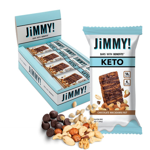 JIMMYBAR - JiMMY’S! Barra de Proteína Funcional Keto – Chocolate Macadamia Nut – 12 unidades – Baixo teor de carboidratos líquidos, Amigável ao Keto, Baixo teor de açúcar, Sem glúten, Lanche rico em proteínas