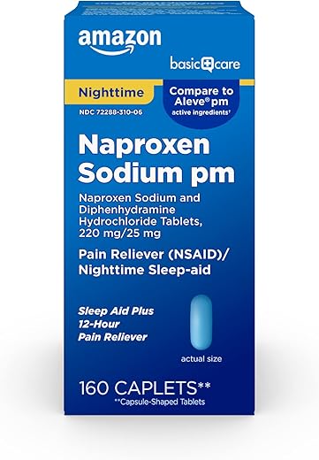 Alívio Noturno de Dor PM, Naproxeno Sódico, 220 mg/Cloridrato de Difenidramina, 25 mg Comprimidos, Analgésico/Sono Noturno, 160 Unidades - Amazon Basic Care