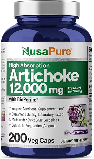 Extrato de Alcachofra 12000mg 200 Cápsulas Vegetais (Sem GMO, Sem Glúten, Extrato 20:1) - NusaPure