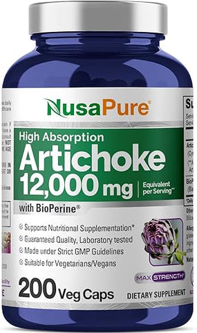 Extrato de Alcachofra 12000mg 200 Cápsulas Vegetais (Sem GMO, Sem Glúten, Extrato 20:1) - NusaPure