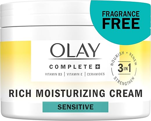 Creme Hidratante Olay Complete Rico sem Fragrância, 250ml, Creme Facial Hidratante 3 em 1 para Pele Seca com Vitamina B3, Vitamina E e Ceramidas