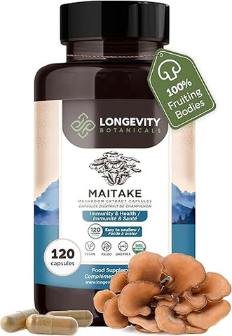 Cápsulas de Maitake Orgânico – Suplemento Ultra Concentrado de Maitake Promove um Sistema Imunológico Equilibrado – 100%% Corpo Frutífero – 120 Cápsulas - Longevity Botanicals