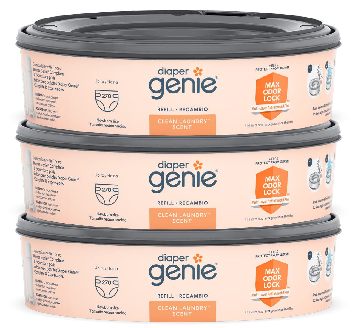 Diaper Genie - Refis de sacos Diaper Genie 270 unidades (Pacote com 3) – Fragrância de Lavanderia Limpa | Refis para Lixeira de Fraldas com Máxima Vedação de Odor | Suporta até 810 Fraldas de Recém-Nascido | Marca
