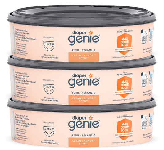 Diaper Genie - Refis de sacos Diaper Genie 270 unidades (Pacote com 3) – Fragrância de Lavanderia Limpa | Refis para Lixeira de Fraldas com Máxima Vedação de Odor | Suporta até 810 Fraldas de Recém-Nascido | Marca