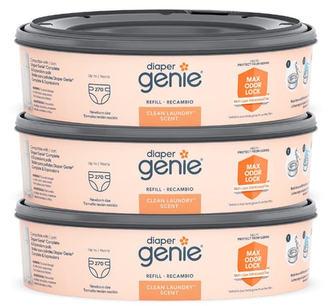Diaper Genie - Refis de sacos Diaper Genie 270 unidades (Pacote com 3) – Fragrância de Lavanderia Limpa | Refis para Lixeira de Fraldas com Máxima Vedação de Odor | Suporta até 810 Fraldas de Recém-Nascido | Marca