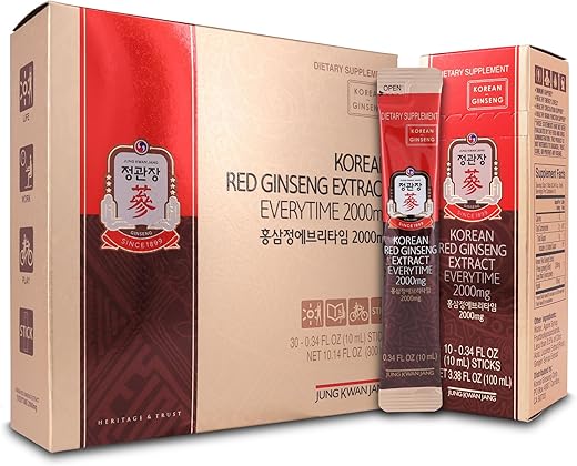JUNG KWAN JANG - Extrato de Ginseng Vermelho Coreano Everytime 2000mg | Suplemento Energético, Chá de Ginseng, Alimento Coreano | Sem Cafeína, Aumenta Energia, Fortalece Imunidade | 30 Unidades