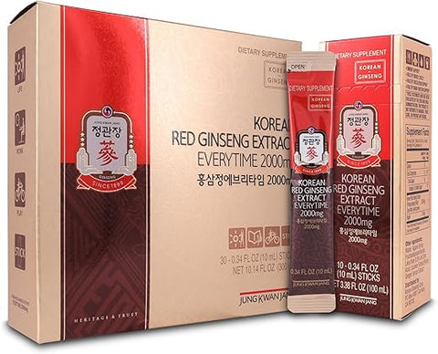 JUNG KWAN JANG - Extrato de Ginseng Vermelho Coreano Everytime 2000mg | Suplemento Energético, Chá de Ginseng, Alimento Coreano | Sem Cafeína, Aumenta Energia, Fortalece Imunidade | 30 Unidades