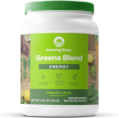 Green Superfood Energy: Pó de Verdes com Cafeína à Base de Plantas, Chá Verde Matcha e Semente de Linhaça, Suporte Nootrópico, Limão Lima, 100 Porções - Amazing Grass