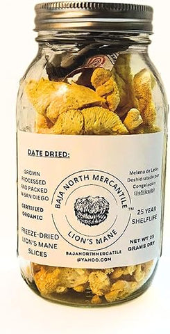 Baja North Mercantile - Cogumelos Lion’s Mane em fatias desidratadas por congelamento. Pote grande de 25g. Ótimo para chá ou pó. Pode ser reidratado e cozido ou usado como suplemento herbal. USDA