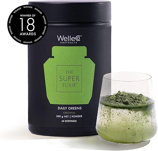 Pó Diário de Verdes Super Elixir, Mix de Bebida Probiótica com Alimentos Integrais, Sem Glúten, Vegano para Saúde Intestinal, Energia, Imunidade, Pele e Cabelos Saudáveis - WelleCo