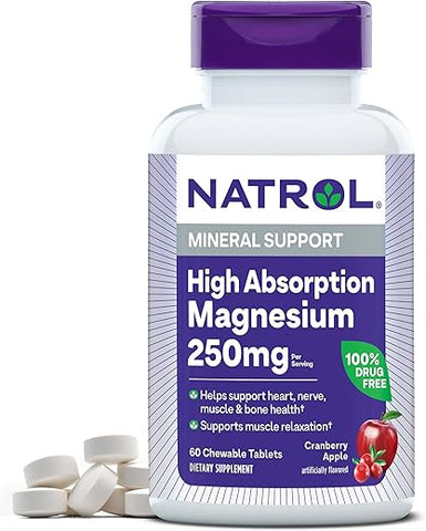 Magnésio de Alta Absorção 250 mg, Suplemento para Apoiar a Saúde do Coração, Nervos, Músculos e Ossos, 60 Comprimidos Mastigáveis com Sabor de Cranberry Apple, Fornecimento de 30 Dias - Natrol