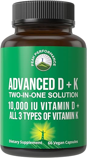 Advanced Vitamin D 10000 IU com todas as 3 formas de Vitamina K Cápsulas 10.000 IU Vitamina D3 e Vitaminas K2, K1, MK-7 (MK7), MK4. 60 Cápsulas Pequenas e Fáceis de - Peak Performance