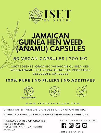 Iset By Nature - Anamu Capsules 1400mg – Puro Jamaican Guinea Hen Weed Petiveria Allicea – 60 Cápsulas Veganas – Sem Preenchedores ou Aditivos