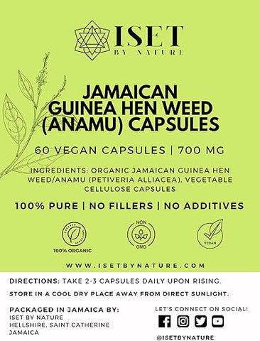 Iset By Nature - Anamu Capsules 1400mg – Puro Jamaican Guinea Hen Weed Petiveria Allicea – 60 Cápsulas Veganas – Sem Preenchedores ou Aditivos