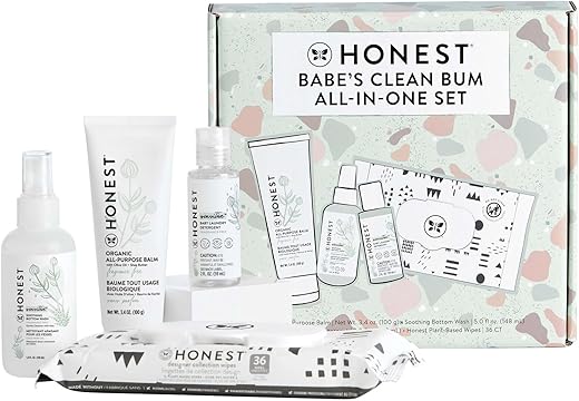 Conjunto Presente Primeira Bagunça do Bebê da The Honest Company | Essenciais sem Fragrância para Recém-Nascidos | Lenços Umedecidos 99% Água, Bálsamo Multiuso, Sabonete Íntimo, Detergente para Bebês