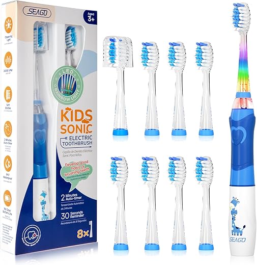 Escova de Dentes Elétrica SEAGO Kids com Temporizador de Escovação de 2 Minutos e 8 Cabeças de Escova Substituíveis, Luz LED Arco-Íris para Tornar a Escovação Divertida, Azul para Meninos, Escova de Dentes a Pilha para Crianças de 4 a 12 Anos