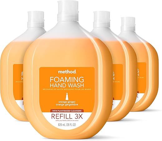 Recarga de Sabonete Líquido para as Mãos Method, Laranja e Gengibre, Frasco Reciclável, Fórmula Biodegradável, 828 ml (Pacote com 4)