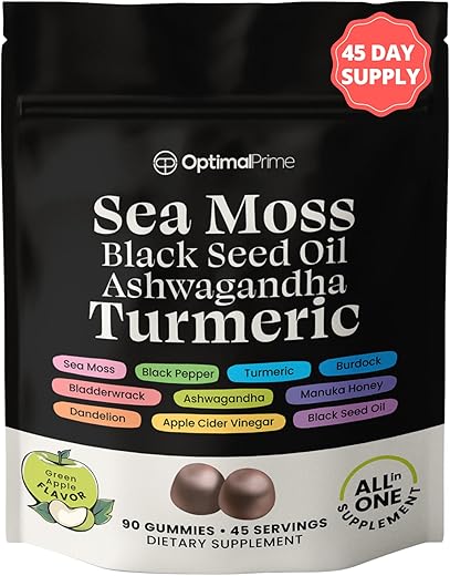 Gomas de Musgo do Mar, 3000mg de Musgo do Mar, 2000mg de Semente Preta, 1000mg de Ashwagandha, Cúrcuma, Mel Manuka, ACV, Dente-de-leão, Pimenta Preta, Bardana, Fucus, Vegano, 90 g - Optimal Prime
