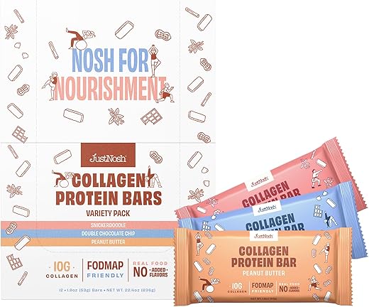 JUSTNOSH - Barras de Proteína de Colágeno JustNosh, 10g Colágeno, 15g Proteína, Sem Glúten, Sem Lactose, Amigável para FODMAP, Certificado Livre de Óleo de Semente, Ingredientes Naturais | Pack Variado (12 Unidades)