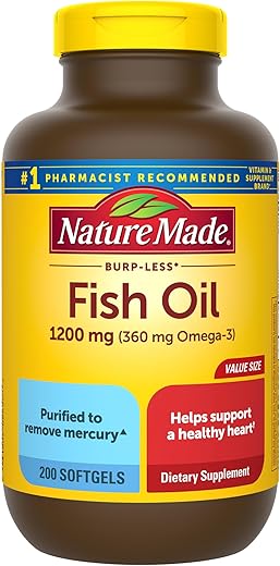 Óleo de Peixe 1200 mg, Suplemento de Óleo de Peixe, Ômega 3 para Suporte ao Coração Saudável, Suplemento de Ômega 3 com 200 Cápsulas, Fornecimento de 100 Dias - Nature Made