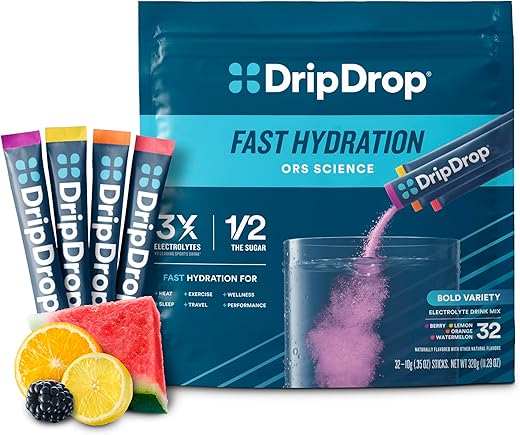 Hydration – Pack Sortido Intenso – Sachês de Pó Hidratante com Eletrólitos – Melancia, Frutas Vermelhas, Limão, Laranja | Sem OGM, Sem Glúten, Vegano | 32 Unidades - DripDrop