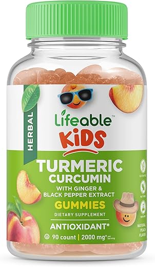 Cúrcuma Curcumina e Gengibre para Crianças – Extrato de Pimenta Preta – 2000mg – Gomas com Sabor Natural Delicioso – Livre de Glúten, Vegetariano e Mastigável – 90 Gomas - Lifeable