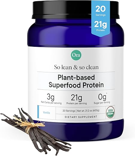 Proteína em Pó – 21g Superfood à Base de Plantas para Mulheres e Homens – Sabor Baunilha 20 Porções, Fonte Limpa, Testado por Terceiros, Sem Glúten - Ora Organic