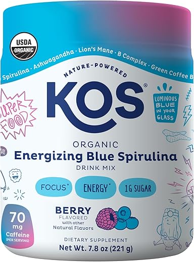 Energizing Blue Spirulina Blend – Certificado Orgânico USDA – Vitaminas do Complexo B, Ashwagandha, Ginseng, Adaptógenos, Biotina – Pré-treino Vegano em Pó – Cafeinado, Sabor de Frutas Vermelhas, 28g - KOS