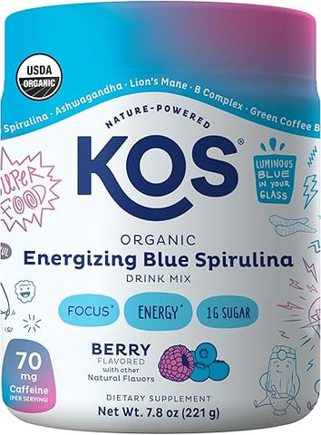 Energizing Blue Spirulina Blend – Certificado Orgânico USDA – Vitaminas do Complexo B, Ashwagandha, Ginseng, Adaptógenos, Biotina – Pré-treino Vegano em Pó – Cafeinado, Sabor de Frutas Vermelhas, 28g - KOS