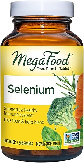 Selenium 50 mcg – Suplemento de Selênio com Mistura de Alimentos e Ervas – Suporte Imunológico – Vegano, Não-OGM – Sem 9 Alérgenos Alimentares – 60 Comprimidos (60 Porções) - MegaFood