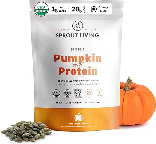 Pó de Proteína de Semente de Abóbora Orgânica, 20g, Sem Adoçantes Artificiais, Sem Laticínios, Sem OGM, Vegano, Sem Glúten, Bebida Keto - Sprout Living