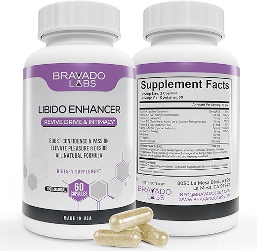 Bravado Labs - Libido Enhancer Feminino – Potencializador de Libido para Mulheres – Estimulante para Drive, Energia, Humor, Intimidade e Desempenho – com Maca Peruana, Ashwagandha, Dong Quai – 60 cápsulas