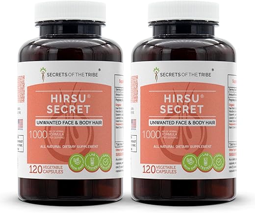 Secrets of the Tribe - Hirsu Secret – 120 Cápsulas (2 unid.), 1000 mg – Saw Palmetto, Black Cohosh, Vitex, Spearmint, Lavender, Chá Verde – Rosto Indesejado