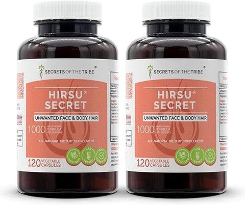 Secrets of the Tribe - Hirsu Secret – 120 Cápsulas (2 unid.), 1000 mg – Saw Palmetto, Black Cohosh, Vitex, Spearmint, Lavender, Chá Verde – Rosto Indesejado