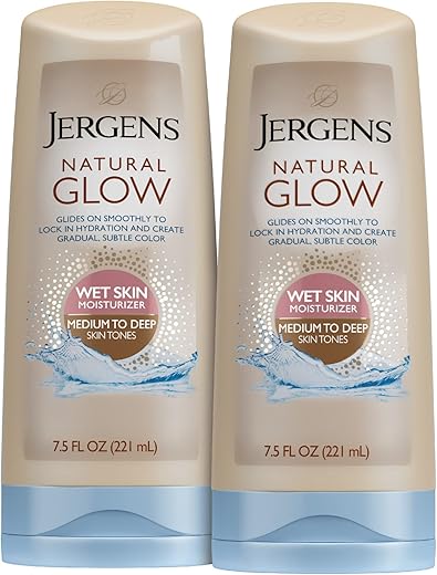 Natural Glow Loção de Banho, Autobronzeador para Pele Média a Escura, Hidratante para Pele Molhada, Mantém a Hidratação para uma Cor Gradual e Perfeita, 7,5 Onças (Pack…) - Jergens