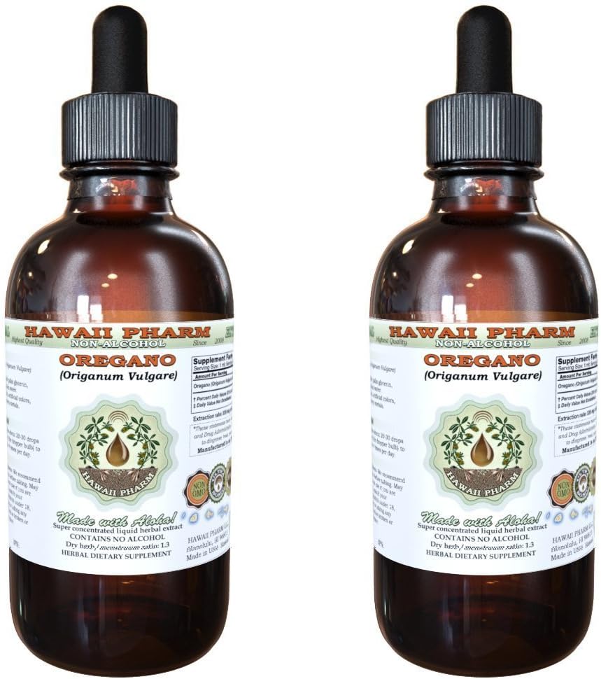 Oregano Extrato Líquido Sem Álcool, Oregano Orgânico (Origanum vulgare) Folha Seca Glicerito Suplemento Herbal Natural, Hawaii Pharm, EUA 2×60 ml
