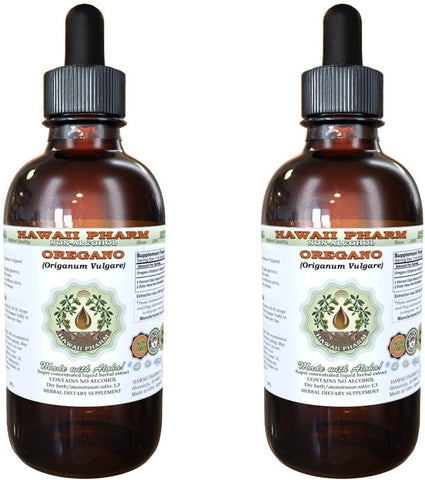 Oregano Extrato Líquido Sem Álcool, Oregano Orgânico (Origanum vulgare) Folha Seca Glicerito Suplemento Herbal Natural, Hawaii Pharm, EUA 2×60 ml