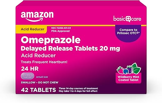 Omeprazol 20 mg, Redutor de Acidez, Comprimidos de Liberação Retardada, Sabor Menta Silvestre, Medicamento para Azia, 42 Unidades - Amazon Basic Care